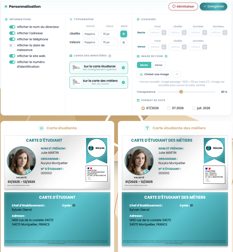 Écran de personnalisation Nuryka : réglages des informations, de la typographie, des couleurs et de l'image de fond, avec l'aperçu en direct du recto et du verso de la carte étudiante et de la carte d'étudiant des métiers.